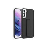 TahTicMer Samsung Galaxy S22 Plus S906 Kılıf Silikon Standlı Elden Geçme Mıknatıslı Hand Strap Suni Derili, Siyah