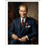 Takım Elbiseli Atatürk Koltukta Portre Dekoratif Kanvas - Mdf Ahşap Tablo