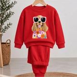 Takım Sweatshirt Gözlük Dog Baskılı Kız Erkek Çocuk Bisiklet Yaka - 5 - 6 Yaş - Kırmızı
