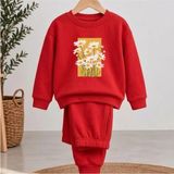 Takım Sweatshirt Papatya Kare Baskılı Kız Erkek Çocuk Bisiklet Yaka - Kırmızı