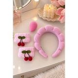 TAKIŞTIR Pembe Renk Spa Saç Bandı/Peluş Su Emici Havlu Bileklik Ve Sünger Set