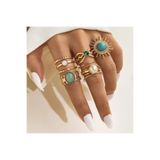 Takıtolia Princess 11 Adet Gold Mavi Yeşil Taşlı Güneş Çiçeği Figürlü Vintage Tasarım Çoklu Altın Yüzük Seti