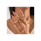 Takıtolia Rimelyn - 7 Adet Kristal Taşlı Düzensiz Geometrik Tasarım Vintage Çoklu Gold Altın Yüzük Seti