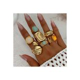 Takıtolia Susie Model 8'li Set Pastel Doğal Taş Görünümlü Vintage Gold Yüzük Kombini