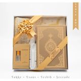 Takke + Esans + Tesbih + Seccade + Kuran Hediye Seti (Çanta Boy, Gold)