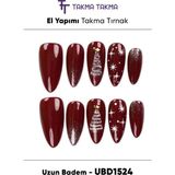 Takma Takma 10'lu Bordo Uzun Badem UBD1524 Tekrar Kullanılabilir El Yapımı Protez Takma Tırnak - Bordo-L