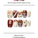 Takma Takma 10'lu Kahverengi Kısa Balerin TT1108 Tekrar Kullanılabilir El Yapımı Protez Takma Tırnak Kahverengi-S - Yeşil
