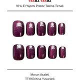 Takma Takma 10'lu Mor Kısa Yuvarlak TT1163 Tekrar Kullanılabilir El Yapımı Protez Takma Tırnak Mor-S