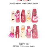 Takma Takma 10'lu Pembe Ekstra Uzun Balerin TT0988 Tekrar Kullanılabilir El Yapımı Protez Takma Tırnak - Pembe-L - Kırmızı