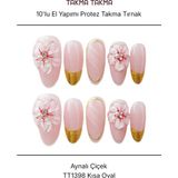 Takma Takma 10'lu Pembe Kısa Oval TT1398 Tekrar Kullanılabilir El Yapımı Protez Takma Tırnak Pembe-Xs