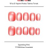 Takma Takma 10'lu Pembe Kısa Yuvarlak TT1159 Tekrar Kullanılabilir El Yapımı Protez Takma Tırnak Pembe-Xs