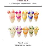 Takma Takma 10'lu Renkli Uzun Badem TT1428 Tekrar Kullanılabilir El Yapımı Protez Takma Tırnak Renkli-S - Beyaz
