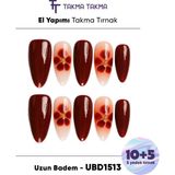 Takma Takma 15'li Kahverengi Uzun Badem UBD1513 Tekrar Kullanılabilir El Yapımı Protez Takma Tırnak - Kahverengi-L