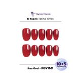 Takma Takma 15'li Kırmızı Kısa Oval KOV1560 Tekrar Kullanılabilir El Yapımı Protez Takma Tırnak Kırmızı-S
