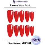 Takma Takma 15'li Kırmızı Uzun Badem UBD1545 Tekrar Kullanılabilir El Yapımı Protez Takma Tırnak Kırmızı-Xs