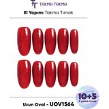Takma Takma 15'li Kırmızı Uzun Oval UOV1564 Tekrar Kullanılabilir El Yapımı Protez Takma Tırnak - Kırmızı-XS