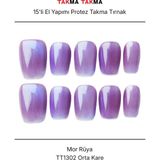 Takma Takma 15'li Mor Kısa Kare TT1302 Tekrar Kullanılabilir El Yapımı Protez Takma Tırnak Mor-M - Kırmızı