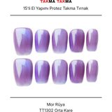 Takma Takma 15'li Mor Kısa Kare TT1302 Tekrar Kullanılabilir El Yapımı Protez Takma Tırnak - Mor-S - Kırmızı