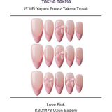 Takma Takma 15'li Pembe Kısa Badem KBD1478 Tekrar Kullanılabilir El Yapımı Protez Takma Tırnak Pembe-XS