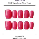 Takma Takma 15'li Pembe Kısa Kare KKR1492 Tekrar Kullanılabilir El Yapımı Protez Takma Tırnak Pembe-L