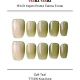 Takma Takma 15'li Yeşil Kısa Kare TT1316 Tekrar Kullanılabilir El Yapımı Protez Takma Tırnak - Yeşil-XS - Pembe