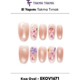 Takma Takma EKOV1671 Kısa Oval 10'lu Tekrar Kullanılabilir El Yapımı Protez Takma Tırnak Ten Rengi-L - Pembe