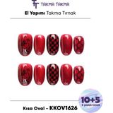 Takma Takma KKOV1626 Kısa Oval 15'li Tekrar Kullanılabilir El Yapımı Protez Takma Tırnak Kırmızı-M