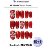 Takma Takma KKOV1628 Kırmızı Kısa Oval 15'li Tekrar Kullanılabilir El Yapımı Protez Takma Tırnak Kırmızı-Xs