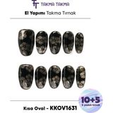 Takma Takma KKOV1631 Siyah Kısa Oval 15'li Tekrar Kullanılabilir El Yapımı Protez Takma Tırnak - Siyah-L