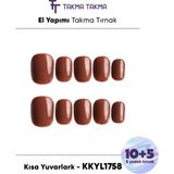 Takma Takma KKYL1758 Kısa Yuvarlark 15'li Tekrar Kullanılabilir El Yapımı Protez Takma Tırnak Kahverengi-S