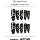 Takma Takma KUOV1663 - 1663 Uzun Oval - 10'lu Tekrar Kullanılabilir El Yapımı Protez Takma Tırnak Siyah-S