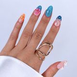 Takma Takma Renkli Nail Art Kısa Badem 15'li Tekrar Kullanılabilir El Yapımı Protez Takma Tırnak KKBD-3504 Renkli-Xs
