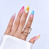 Takma Takma Takma Tırnak Renkli Nail Art Uzun Badem - 10'lu Tekrar Kullanılabilir El Yapımı Protez Takma Tırnak EUBD3043 Renkli-S - Çok Renkli