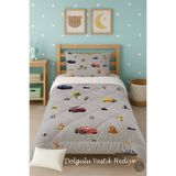 Talia Home Gri Sevimli Hayvanlar Araba Desenli Tek Kişilik Çocuk Yorganı Uyku Seti TLAG-229
