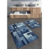 Talia Home Mavili Geometrik Desenli 2'li Büyük Boy Banyo Paspas Seti