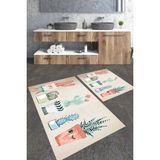 Talia Home Modern Kaktüs Desenli 2'li Büyük Boy Banyo Paspas Seti - Krem