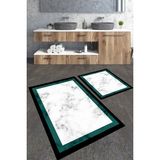 Talia Home Yeşil Çerçeveli Mermer Desenli 2'li Büyük Boy Banyo Paspas Seti - Beyaz