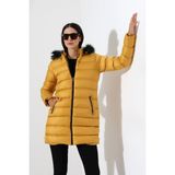 Tals Moda Kadın Silim Fit Diz Üstü Kapişonu Peluşlu Mont - Hardal Sarısı - 2XL
