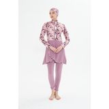 Tam Kapalı Likralı Desenli Etekli Tesettür Mayo Pembe 3481-P - XL