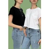 Tam Moda Kadın Crop Kayık Yaka T-shirt Pamuklu 2li Set Siyah-Beyaz