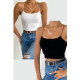 Tam Moda Kadın İp Askılı Crop Bluz Beyaz & Siyah 2li Set
