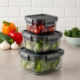 Tam Vakumlu Hava Geçirmez Sızdırmaz Kilitli Saklama Kabı Kare Siyah Şeffaf 3'lü Set (1400ML 800ML 400ML)- Bpa Free