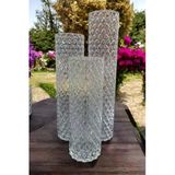 Tamamen El İşçiliği Kristal Desenli Cam Vazo 3Lü Set (7Çap-20-25-30 Uzunluk) Karanfil Gül Vazosu