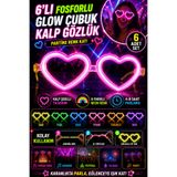 Tamsena Store Fosforlu Parlak Çubuk Kalp Gözlük 6 Adet 6 Renk Neon Parti Festival Konser Doğum Günü Aksesuarı