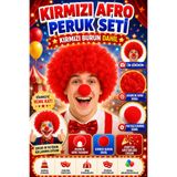Tamsena Store Kırmızı Afro Bonus Peruk ve Kırmızı Palyaço Burnu Seti Parti Kostüm Tiyatro Aksesuar Seti
