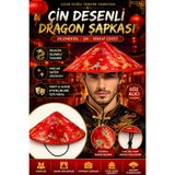 Tamsena Store Kırmızı Çin Desenli Dragon İşlemeli Uzak Doğu Parti Şapkası Lastikli Konik Şapka