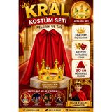 Tamsena Store Kraliyet Temalı Çocuk Kral Pelerini ve Altın Taç Seti 90 Cm Kırmızı Kostüm Aksesuarı