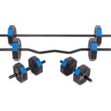 Tan Spor 30 Kg (150 cm) DÜZ BARLI +Z BARLI Dambıl Dumbell Ağırlık Halter FULL SET Mavi Kapaklı