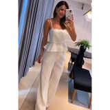 TANE TASARIM Kadın Atlas Krep Askılı Bluz Pantolon Takımı, Beyaz, Modal, Taşlı Detay, İspanyol Paça, Regular Kalıp, Makinede Yıkanabilir (XL)