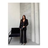 TANE TASARIM Kadın Blazer Ceket ve Flare Pantolon Takımı, Slim Kalıp, Siyah, Dokuma, Uzun Kol (S)